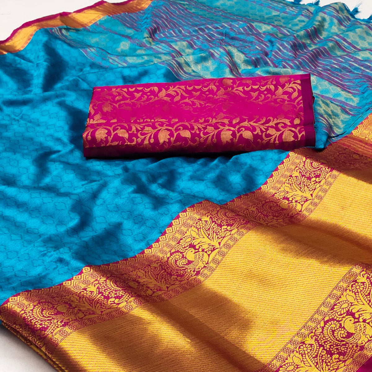 Blue Woven Cotton Silk Saree With Tassels