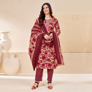 Beige Maroon Printed With Tie Embroidered Pure Cotton Suit