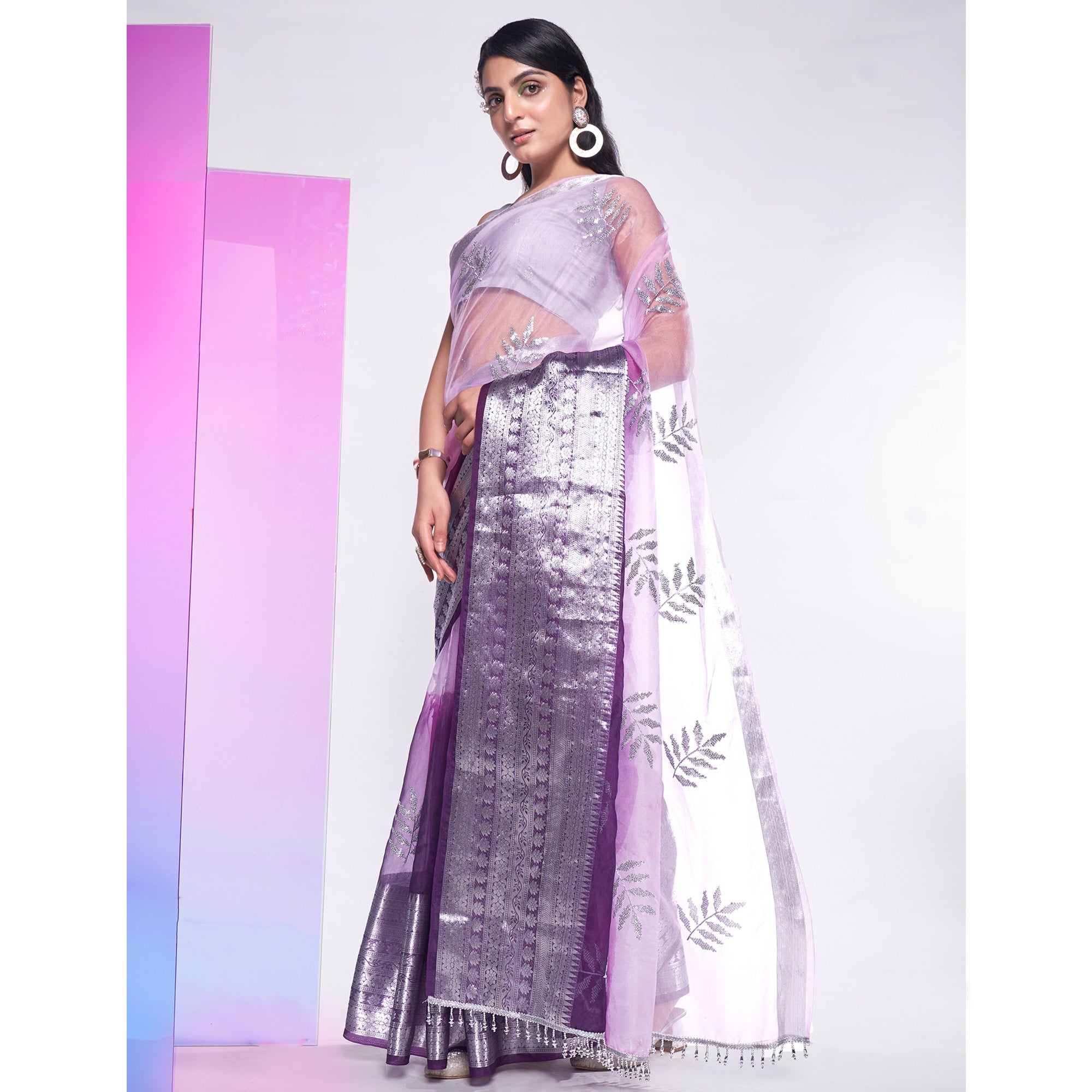 Purple & Light Pink Sequins Embroidered Organza Saree