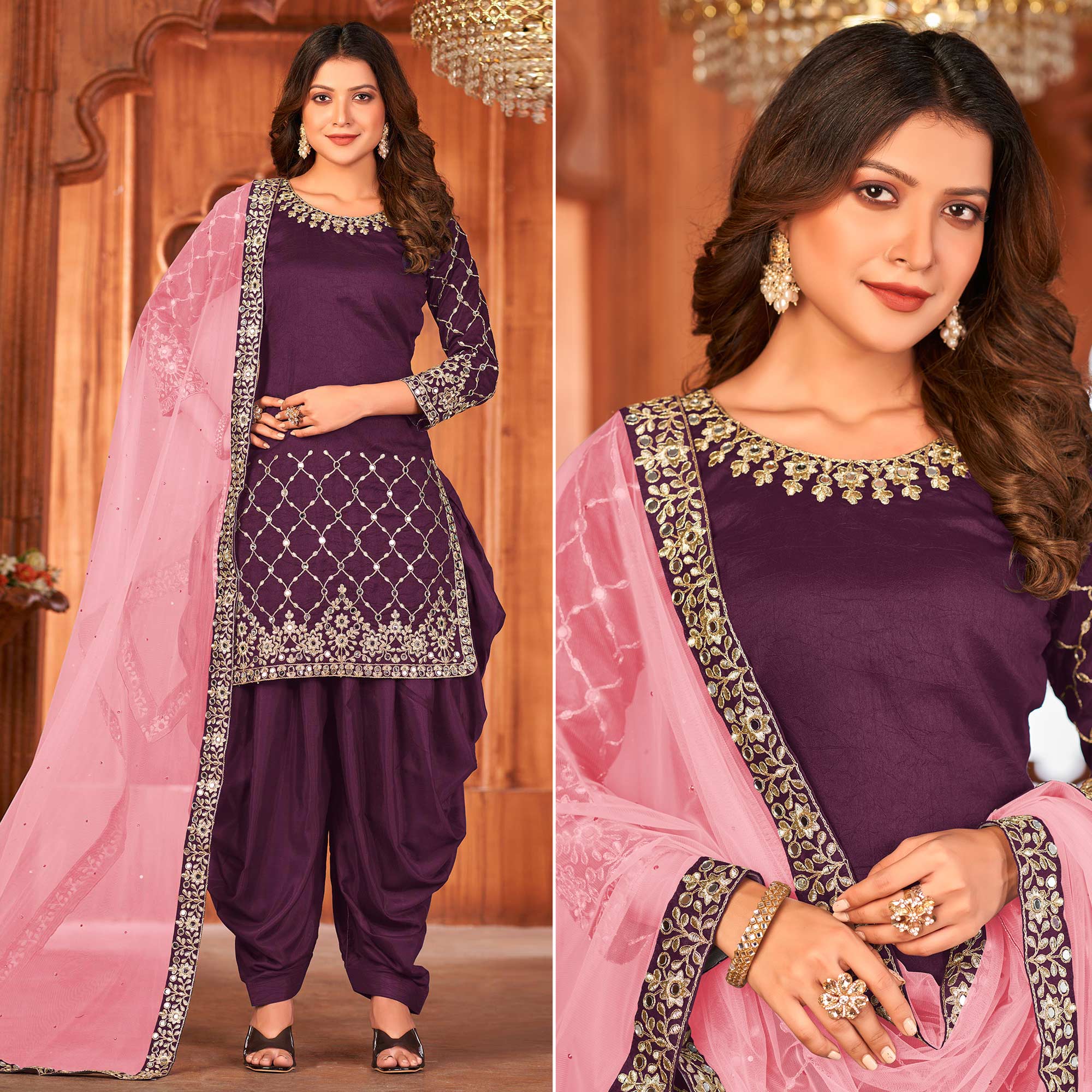 Purple Embroidered Art Silk Patiala Suit