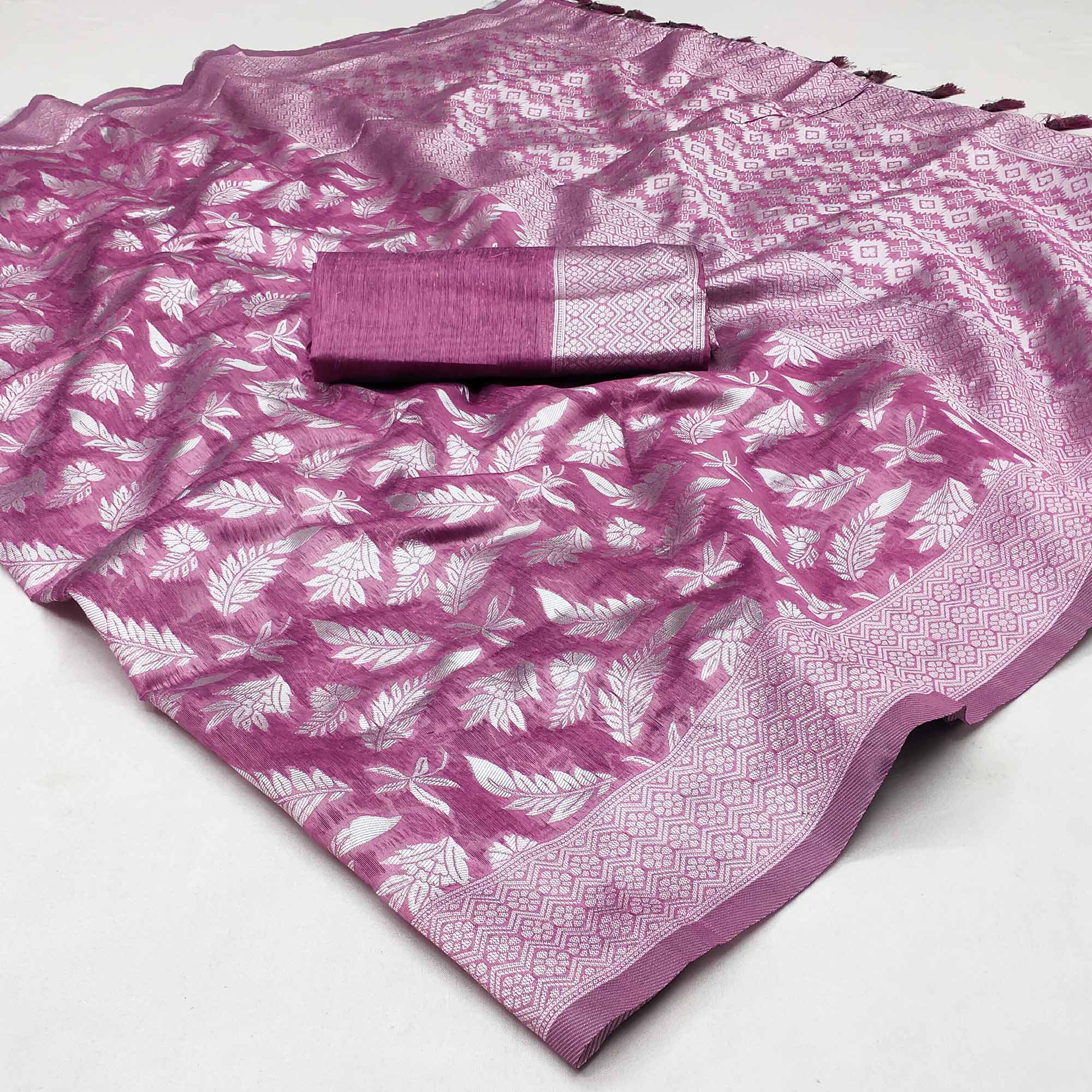 Purple Woven Cotton Silk Saree With Tassels