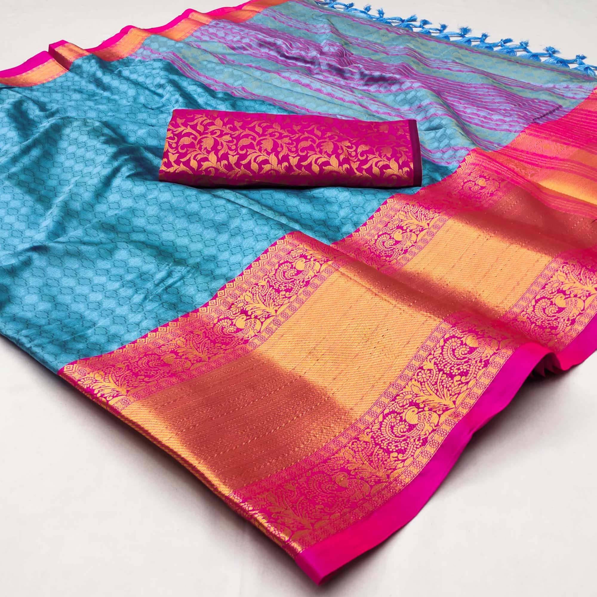 Sky Blue Woven Cotton Silk Saree With Tassels