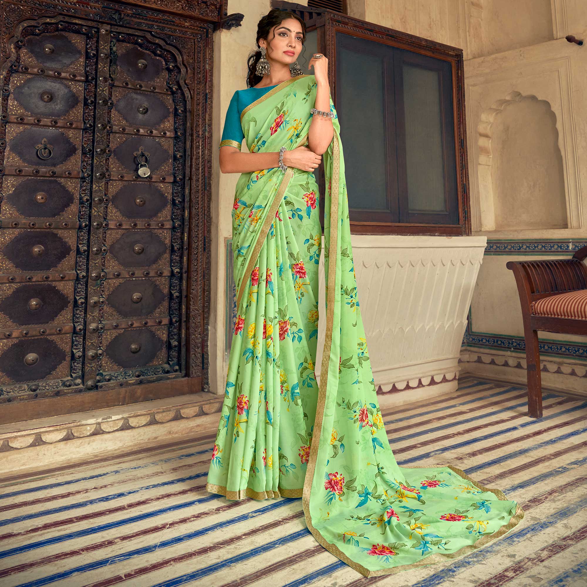 Green Floral Printed Chiffon Saree