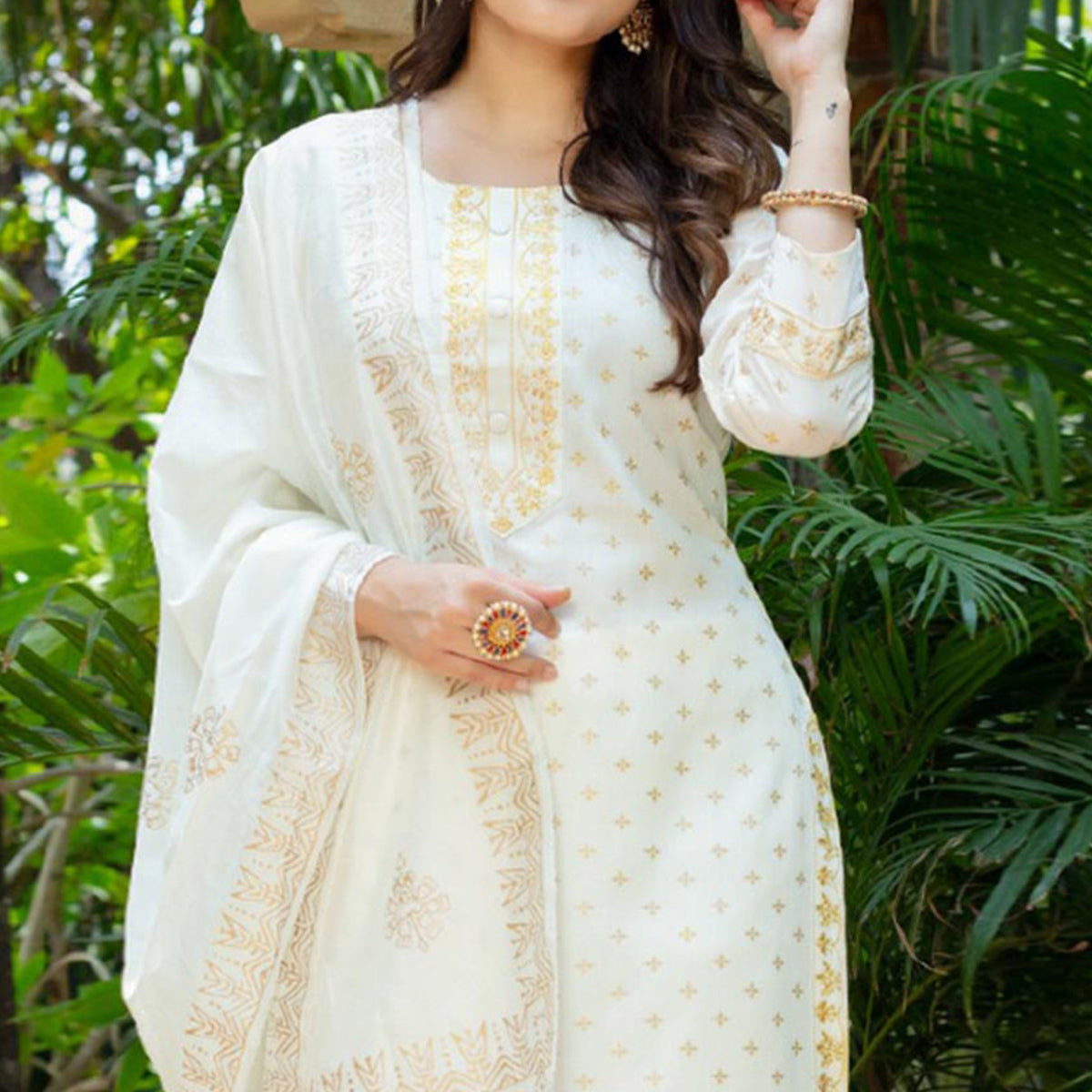 White Printed Rayon Salwar Suit