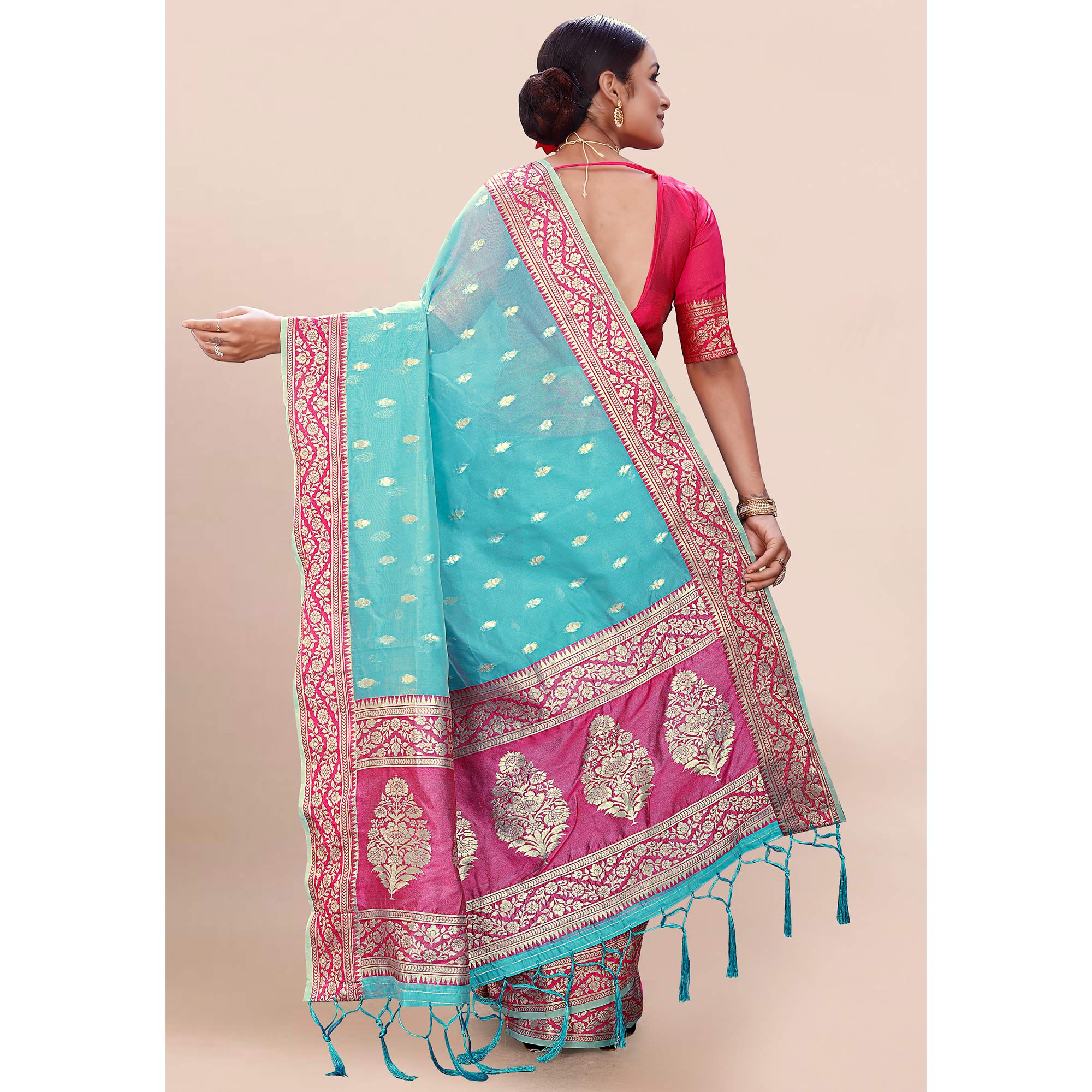 Blue Woven Organza Saree With Tassels