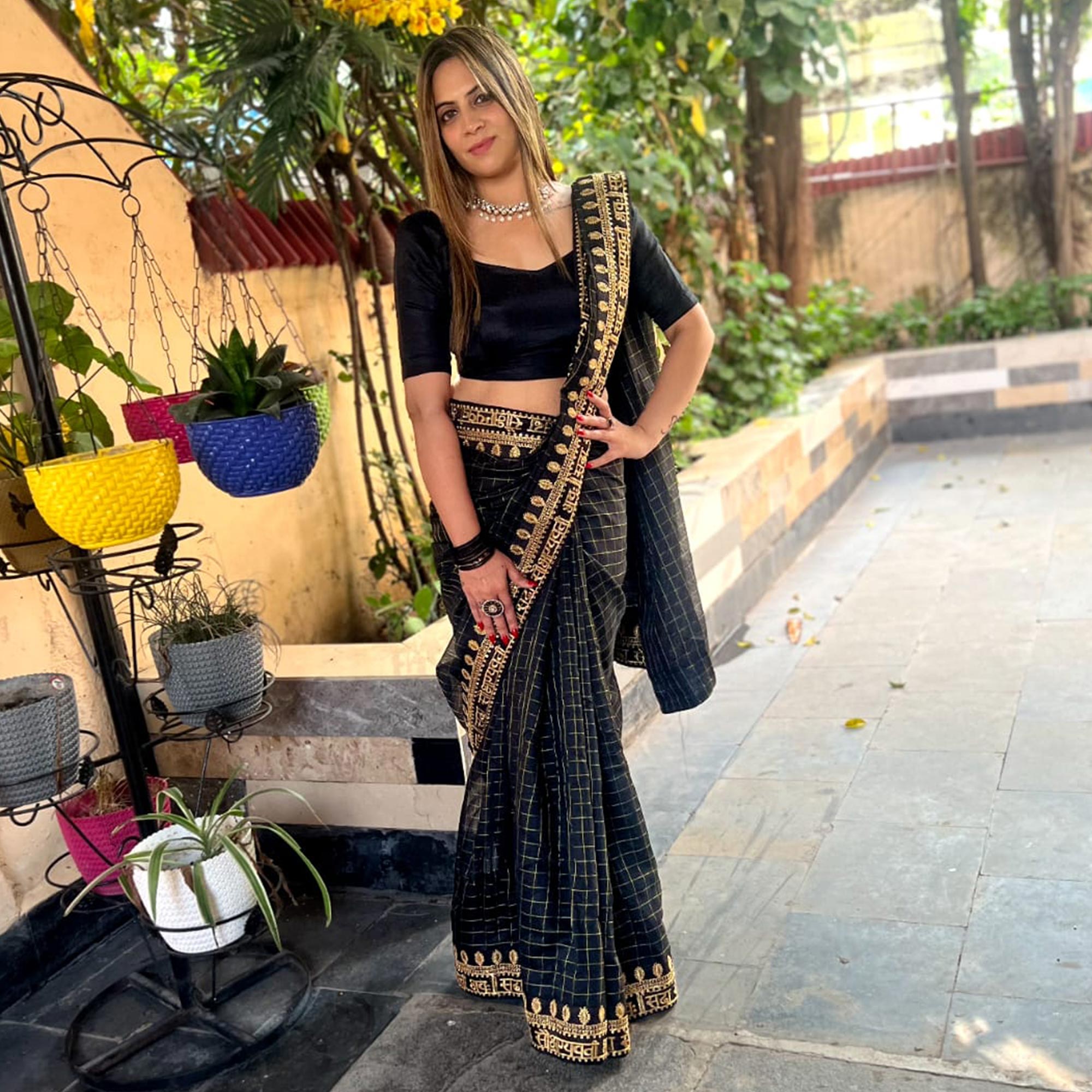 Black Checks With Embroidered Border Modal Saree