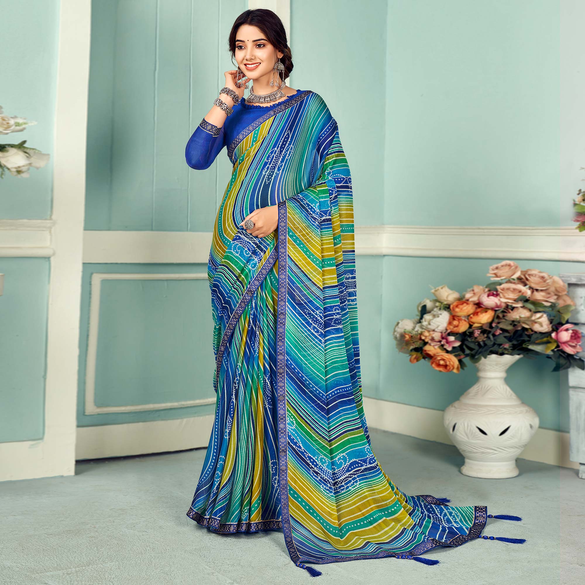 Blue Digital Bandhani Printed Chiffon Saree With Tassels