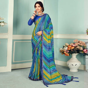 Blue Digital Bandhani Printed Chiffon Saree With Tassels