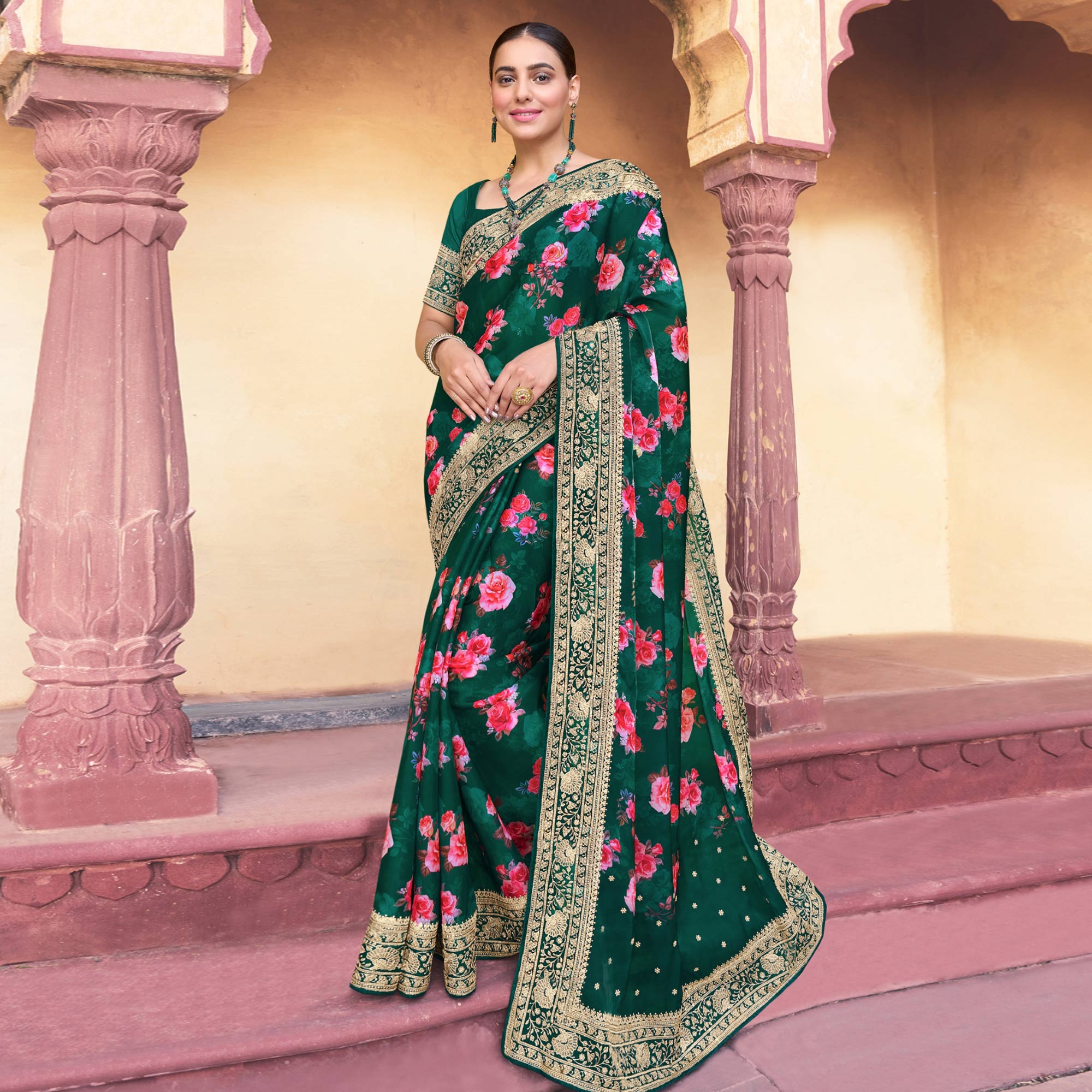 Green Floral Printed With Embroidered Organza Saree