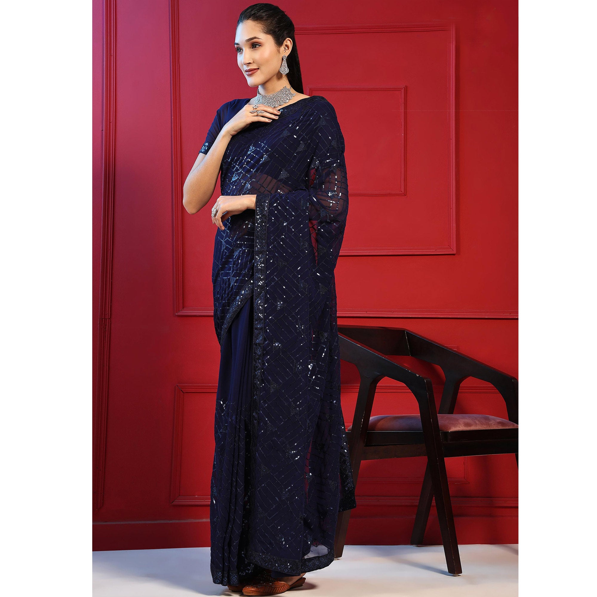 Blue Sequins Embroidered Georgette Saree