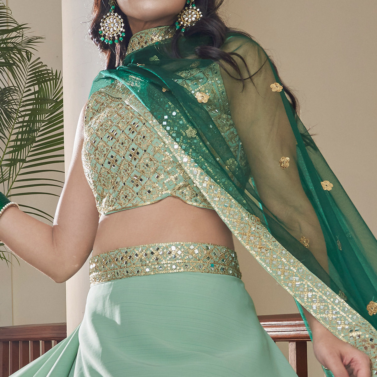 Sea Green Mirror Embroidered Art Silk Lehenga Choli