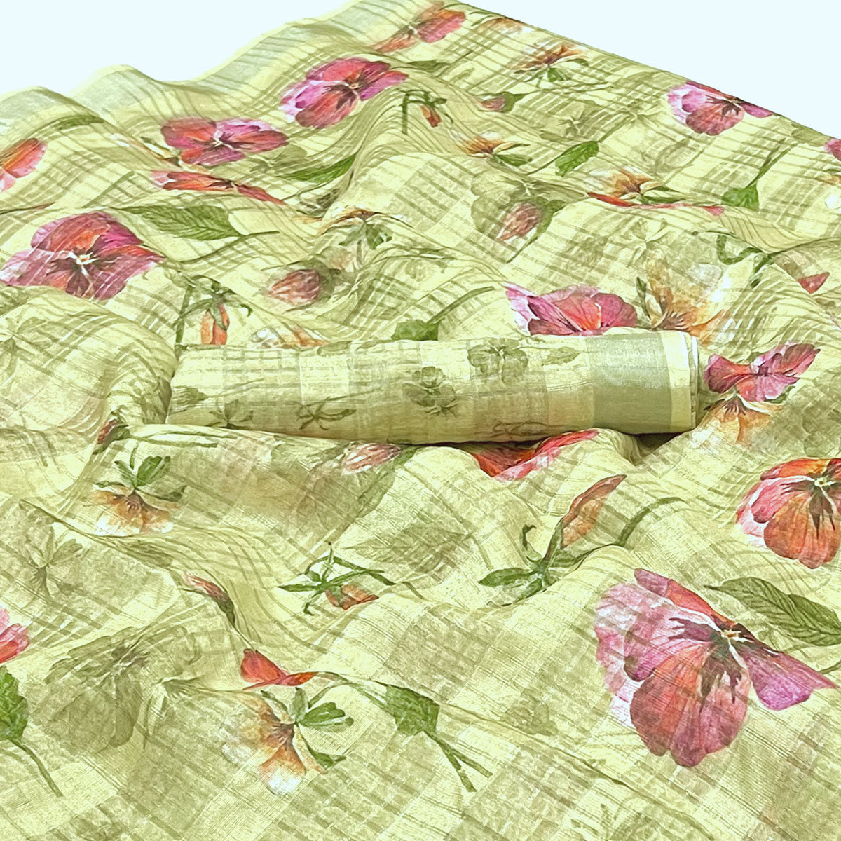 Lemon Yellow Floral Digital Printed Cotton Silk Saree