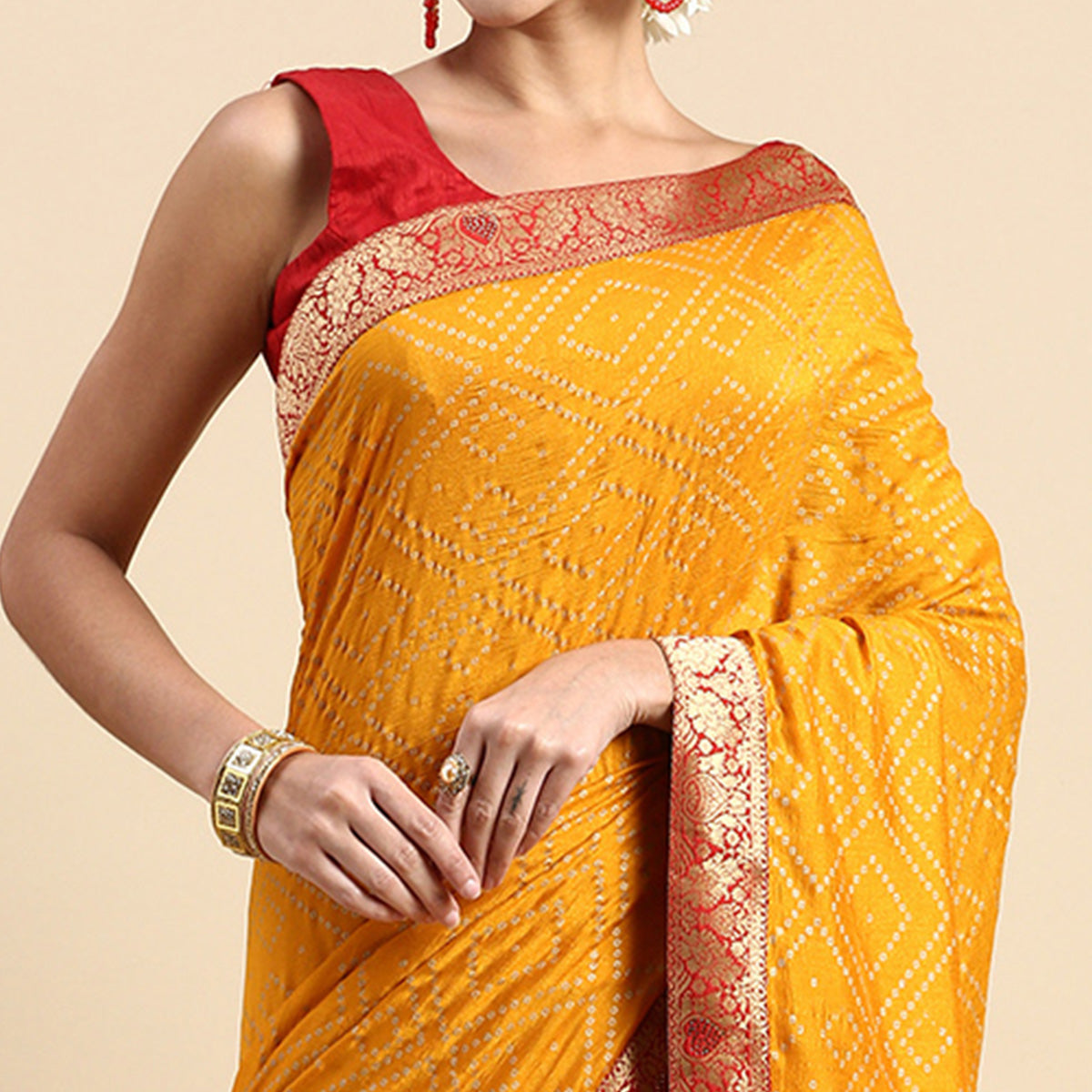 Yellow Foil Printed With Swarovski Vichitra Silk Saree