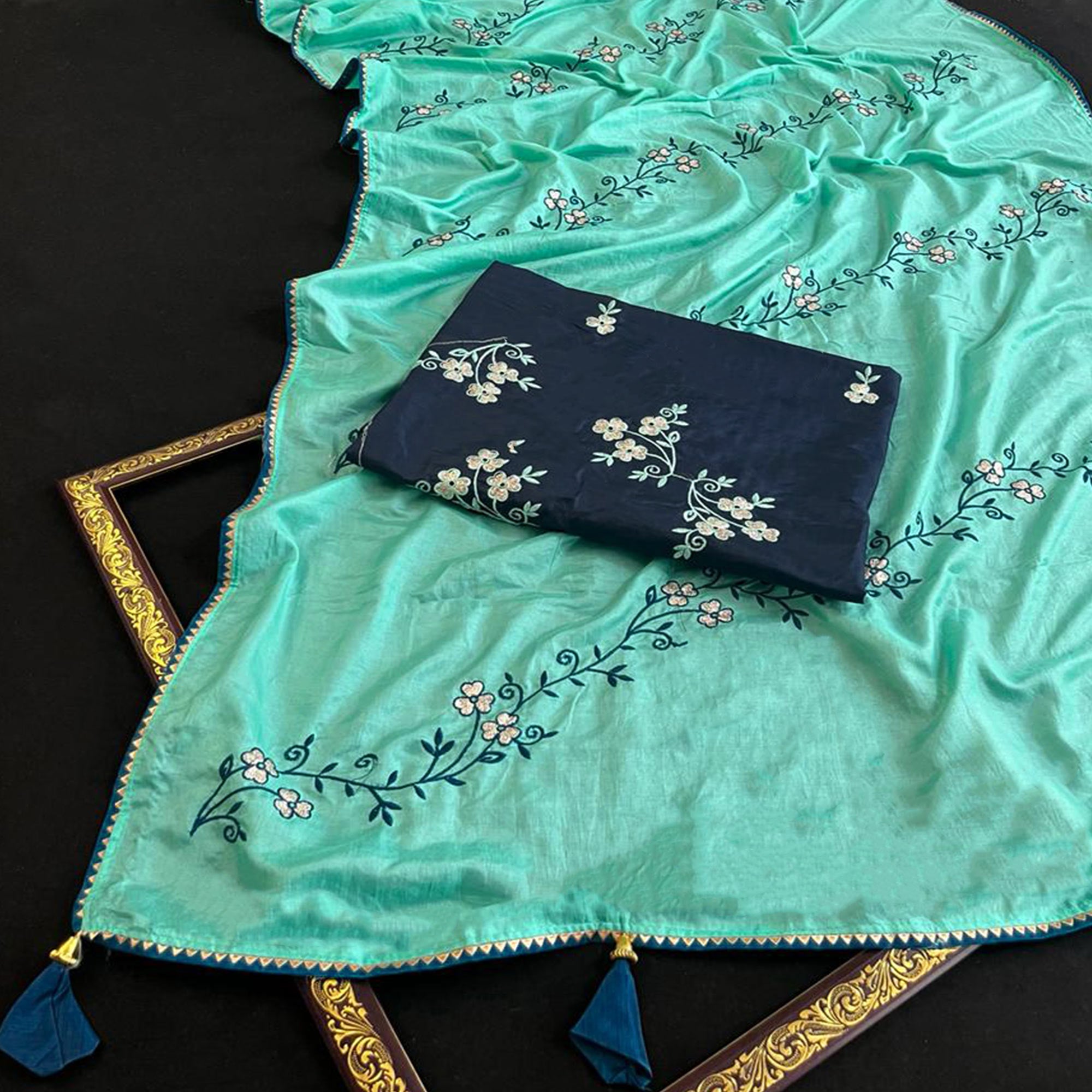 Turquoise Floral Embroidered Dola Silk Saree