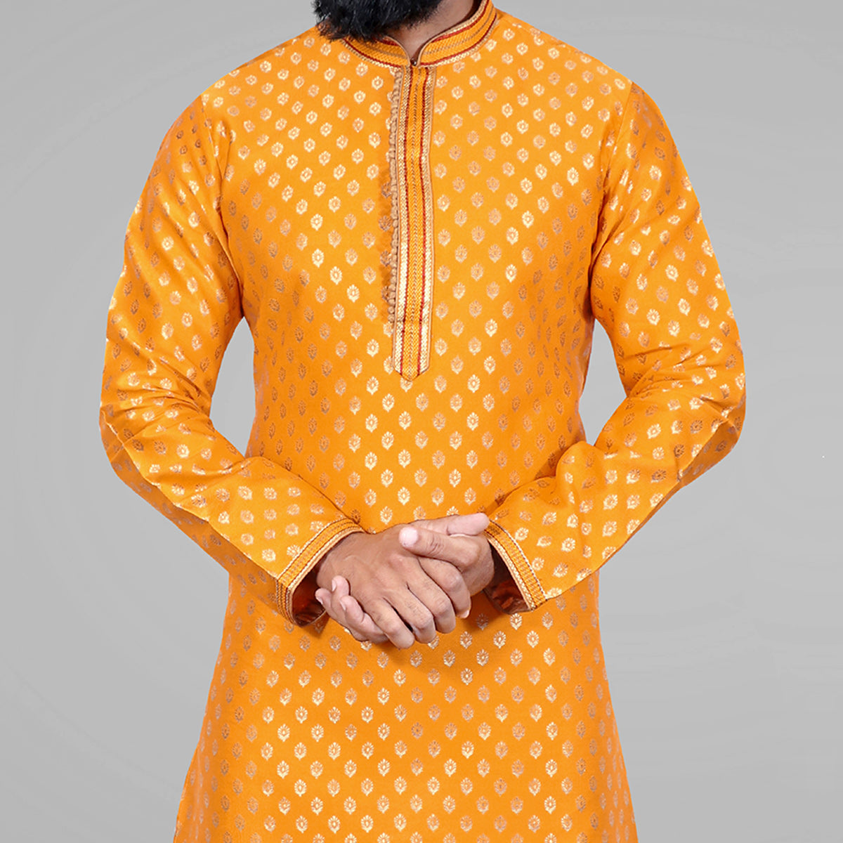 Yellow Woven Jacquard Kurta Pyjama Set