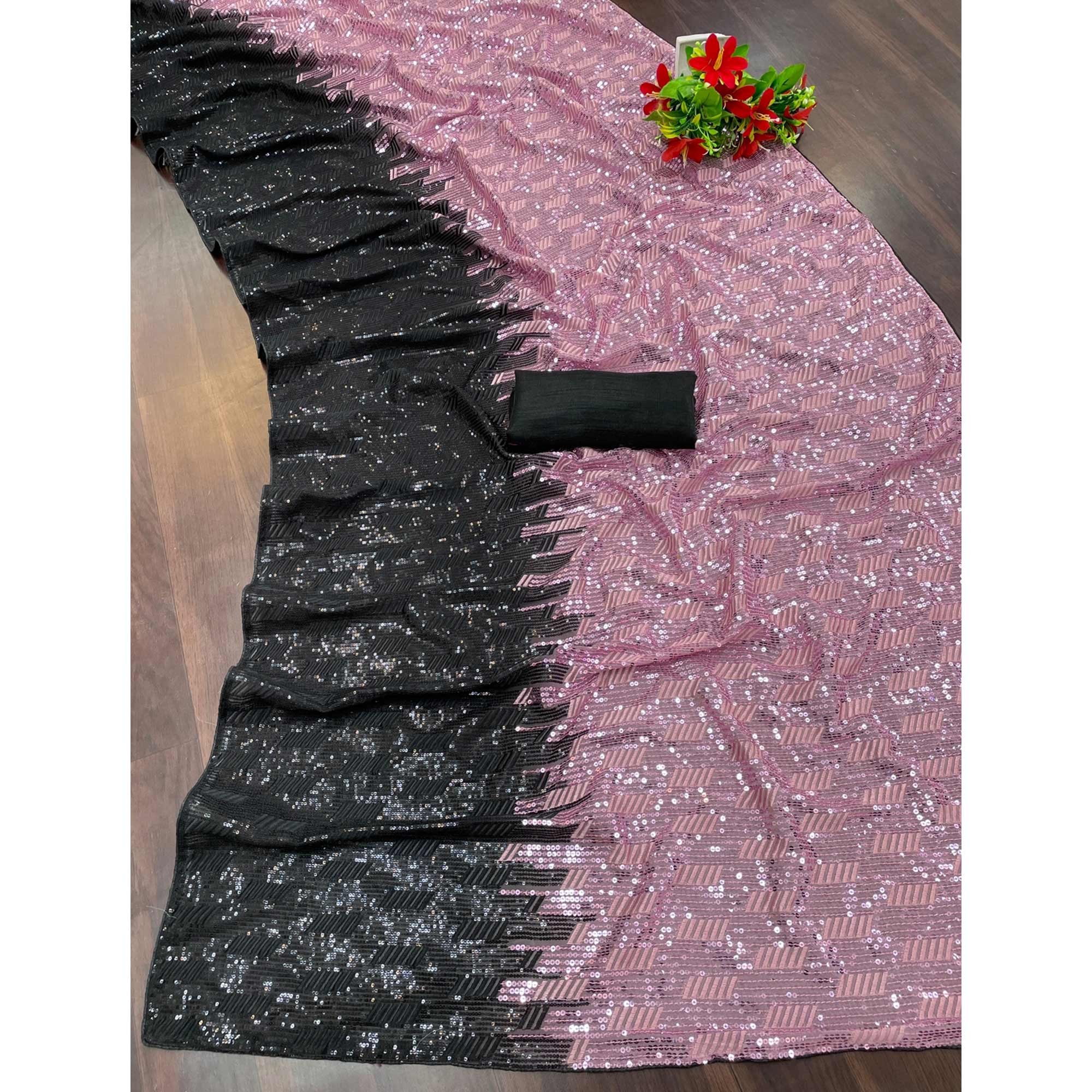 Pink Black Sequins Embroidered Georgette Saree