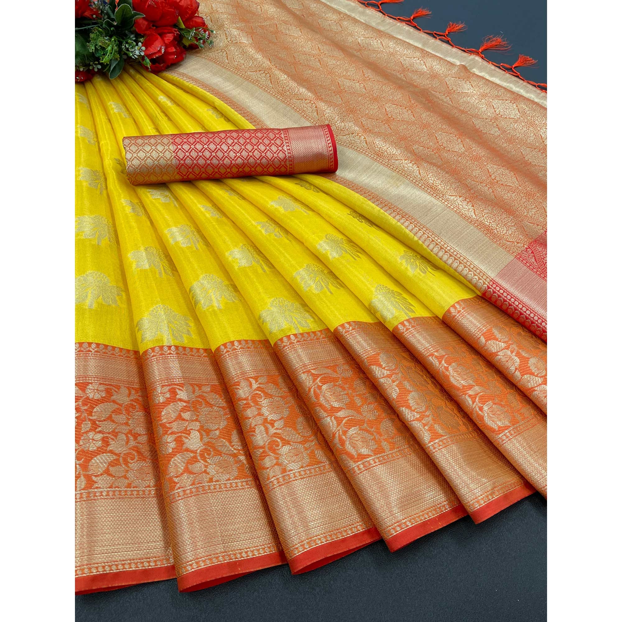 Yellow Woven Art Silk Saree With Tassels