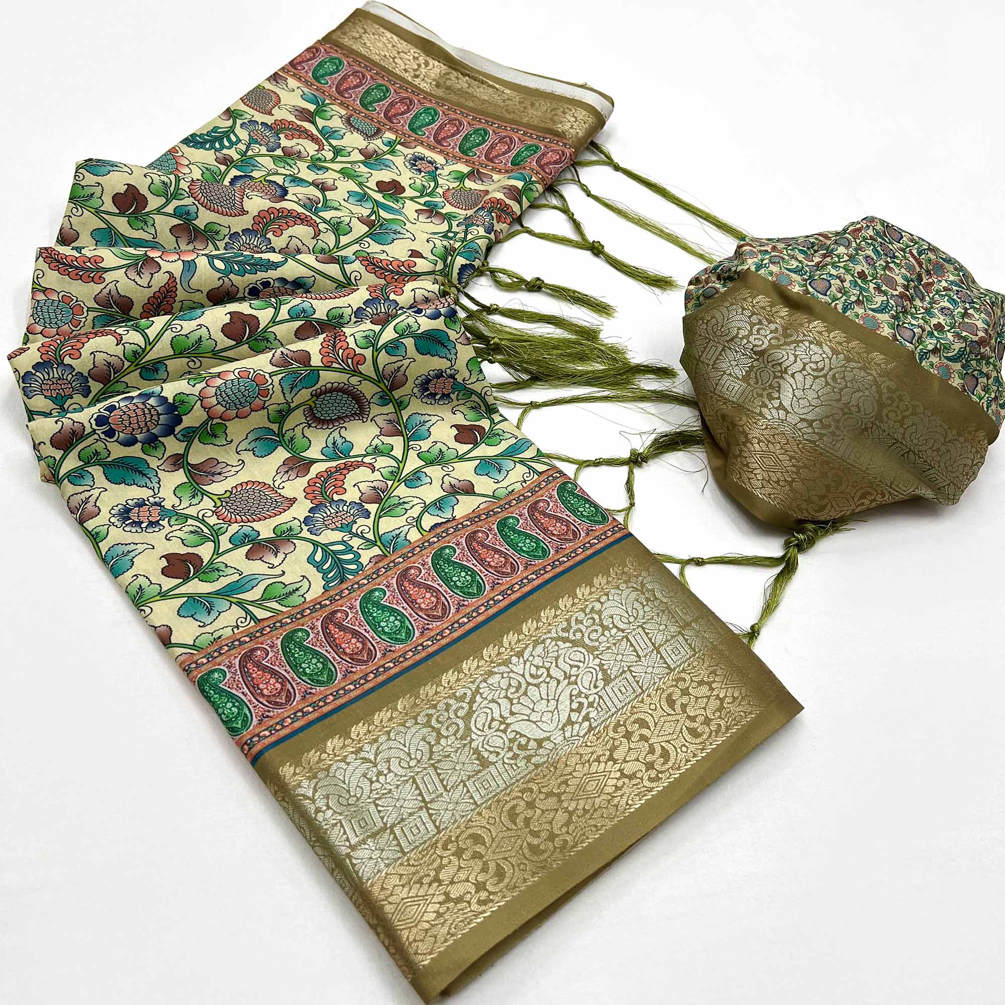 Green Floral Digital Printed Pure Cotton Saree