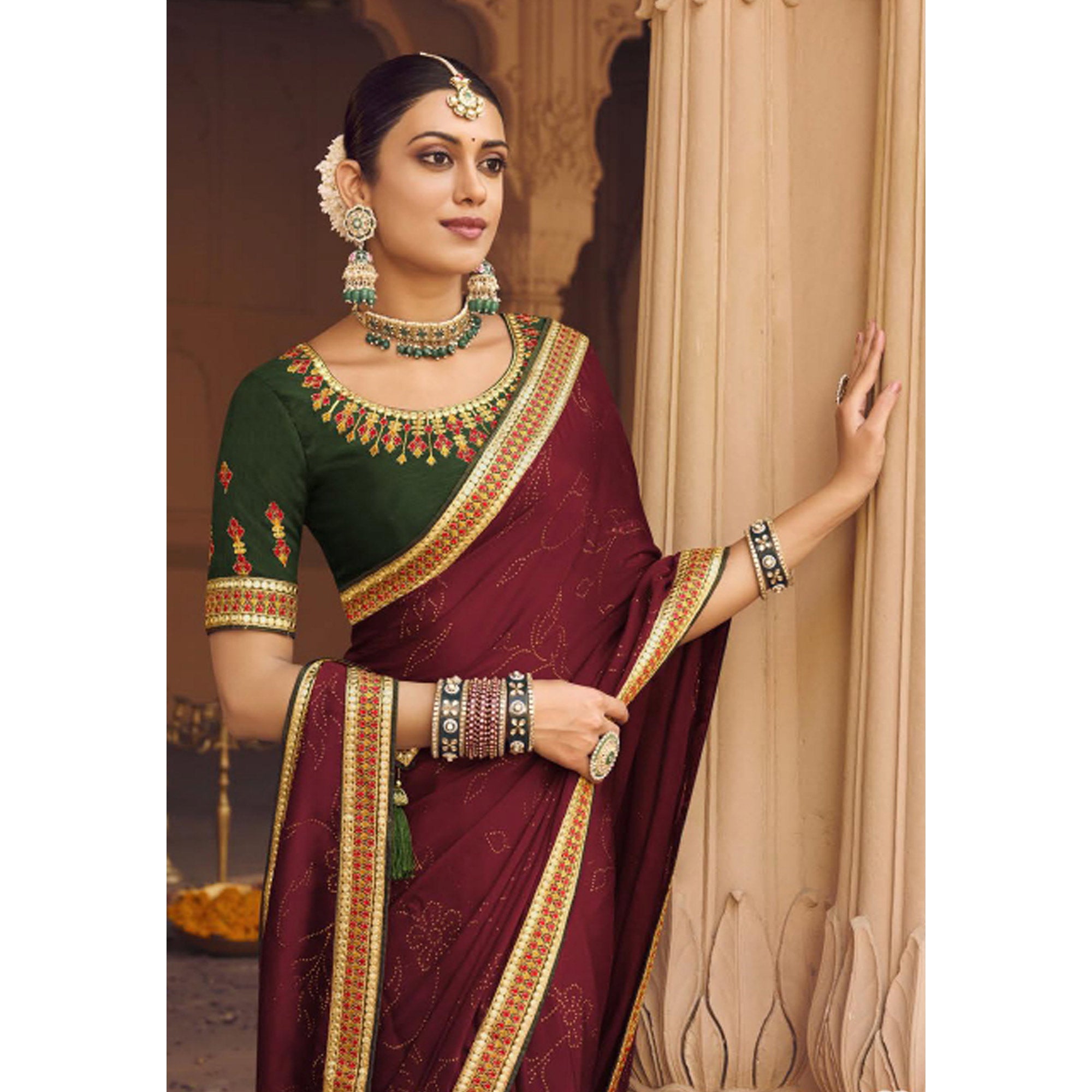 Maroon Embellished With Embroidered Border Satin Saree