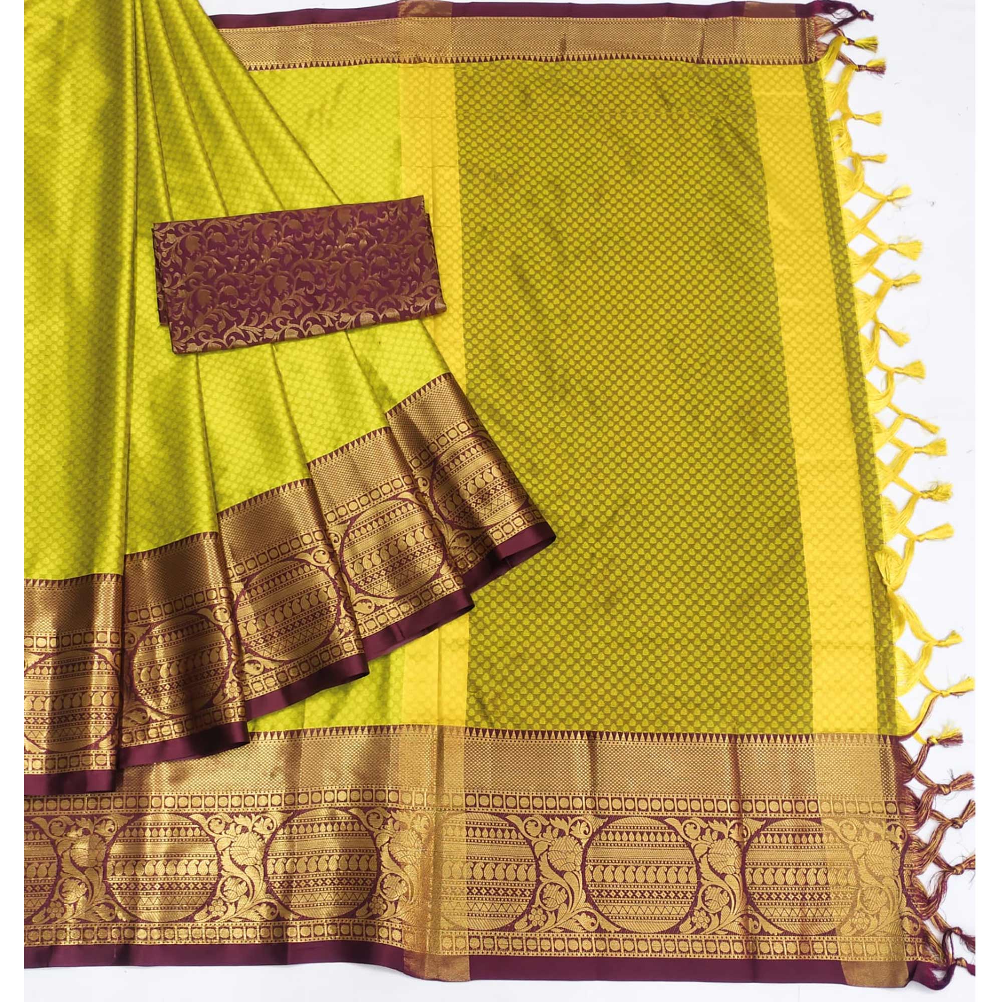 Lemon Green Woven Cotton Silk Saree With Tassels