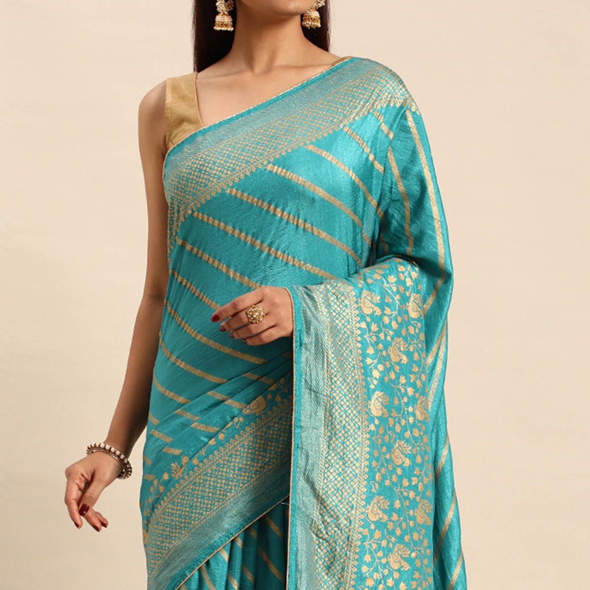 Elegant Blue Vichitra Silk Saree with Golden Zari Stripes and Floral Border