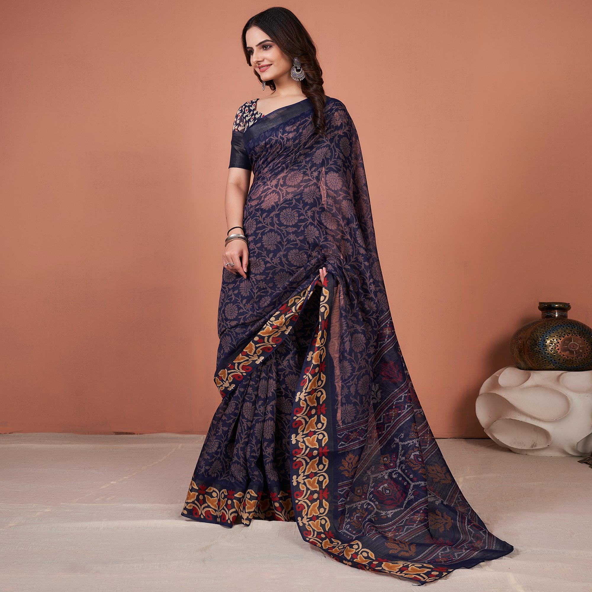Navy Blue Floral Printed Cotton Saree With Tassels