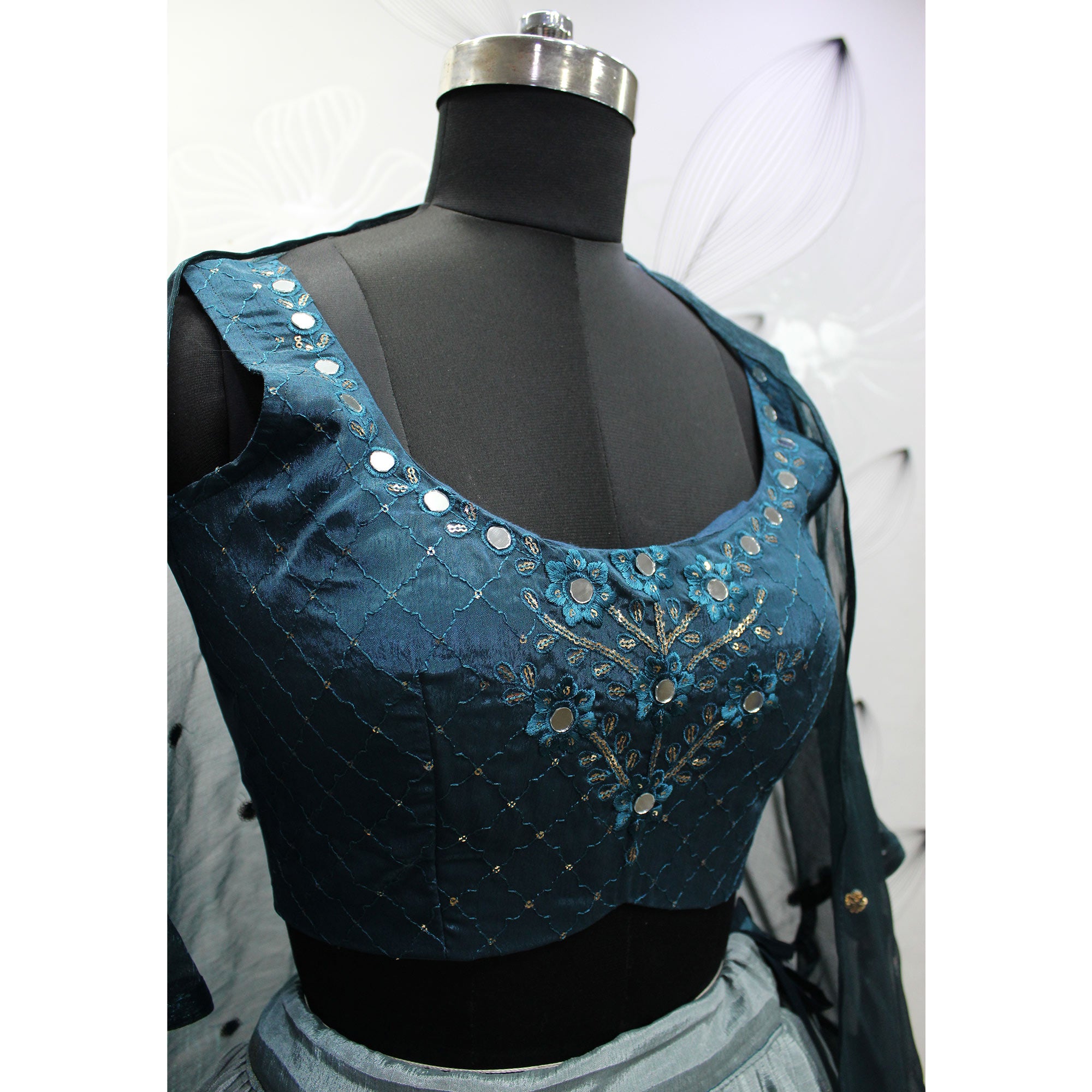 Teal Blue Foil Printed Chiffon Lehenga Choli