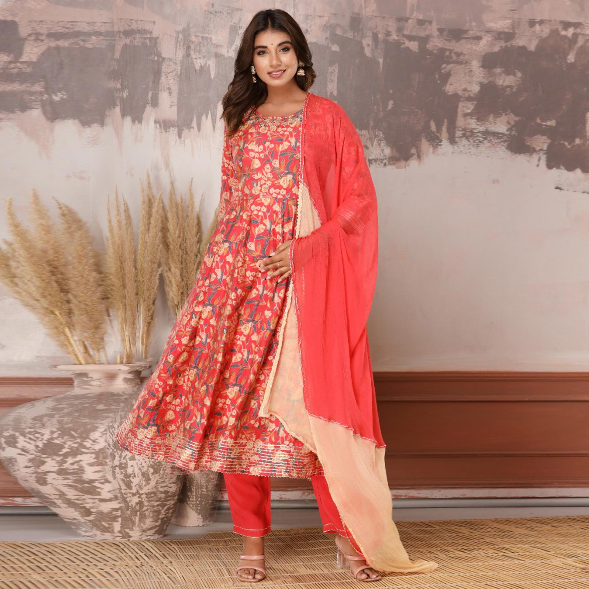 Pink Floral Printed With Gota Patti Work Muslin Anarkali Suit