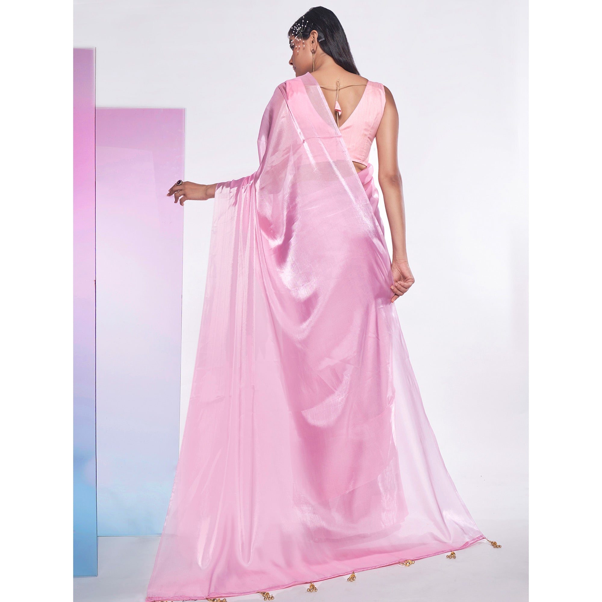 Pink Solid Organza Saree With Tassels