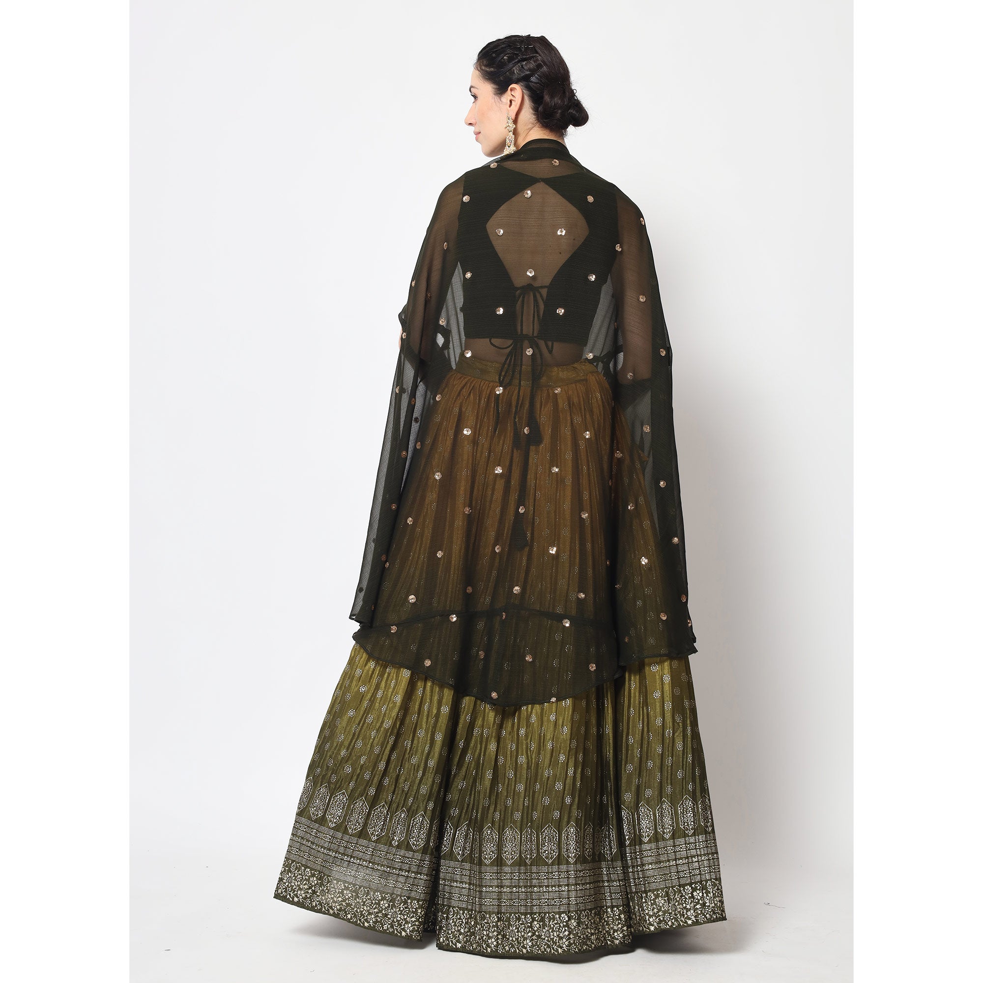 Mustard & Olive Foil Printed Chiffon Lehenga Choli