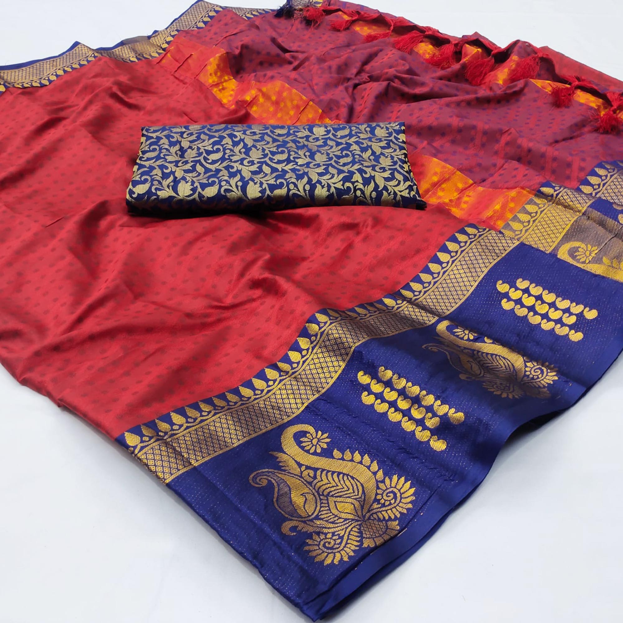 Red Woven Cotton Silk Saree With Tassels