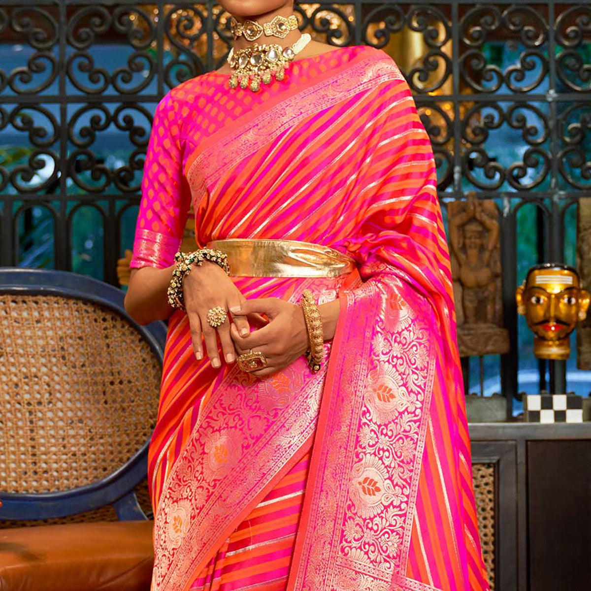 Pink Woven Satin Saree With Tassels