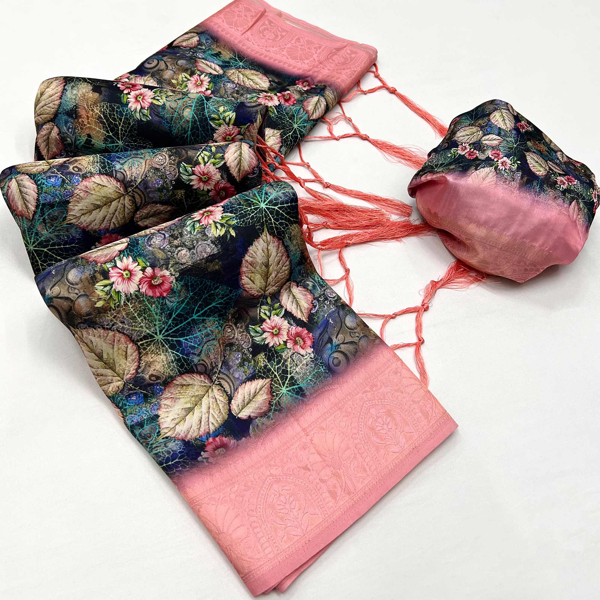 Blue & PInk Floral Digital Printed Jacquard Saree