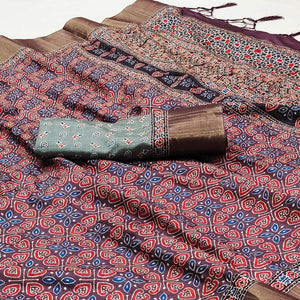 Purple Floral Printed Matka Tussar Saree With Tassels