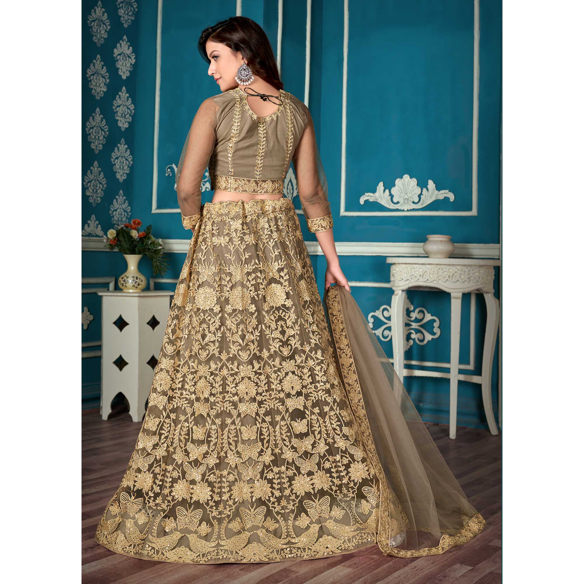 Brown Sequins Embroidered Netted Lehenga Choli