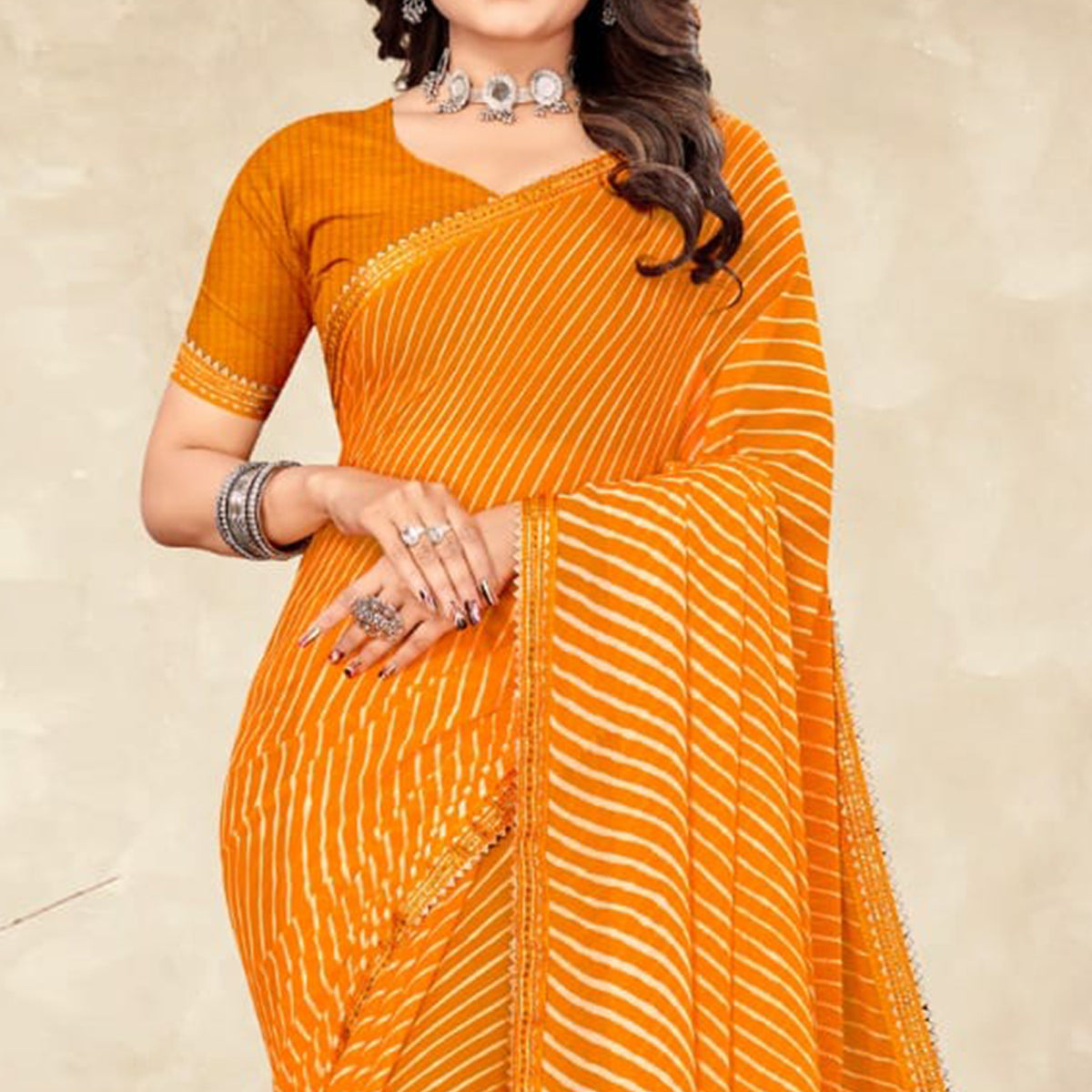 Mustard Striped Printed Chiffon Saree