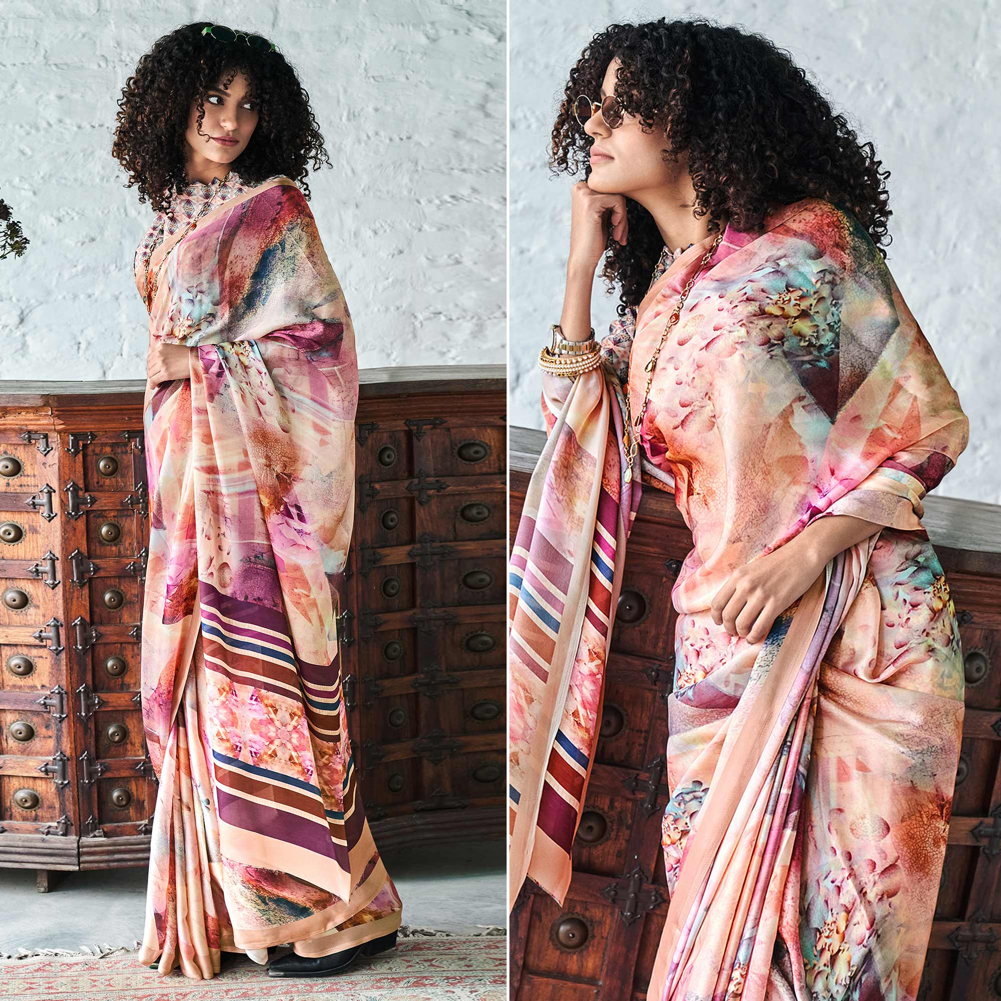 Peach Digital Printed Satin Saree