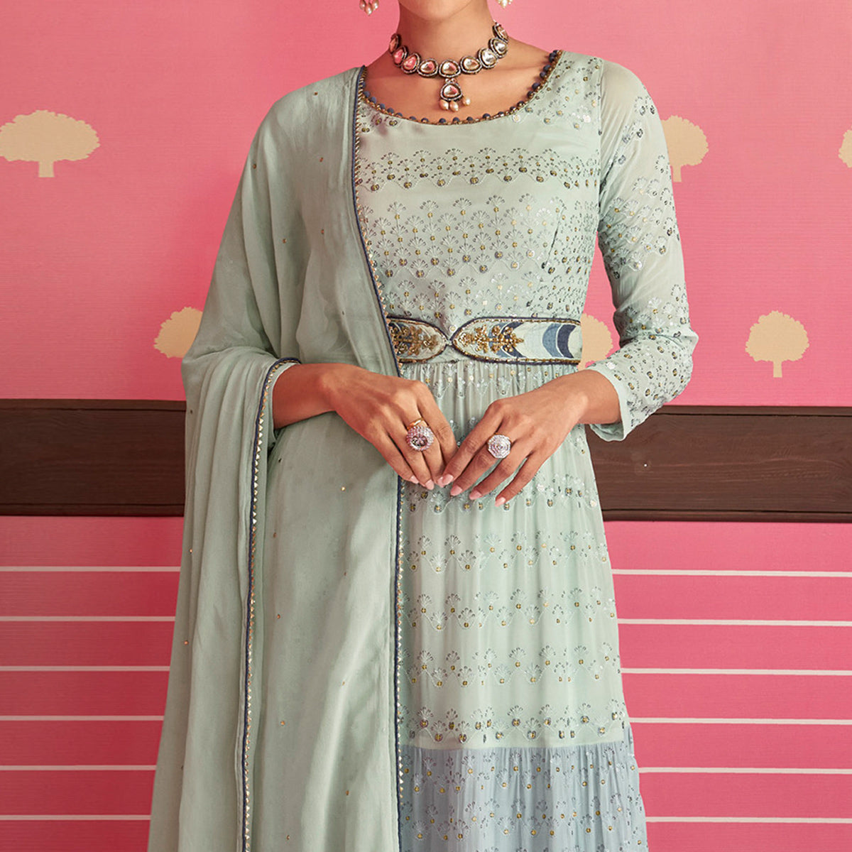 Grey Sequins Embroidered Georgette Naira Cut Suit