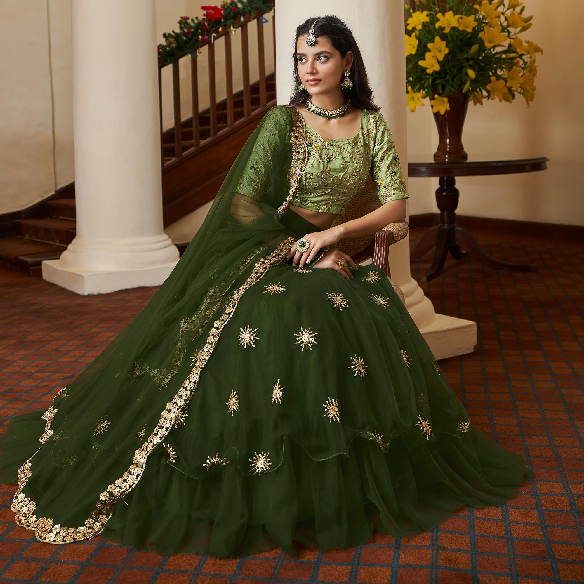 Mehendi Green Sequins Embroidered Netted Lehenga Choli