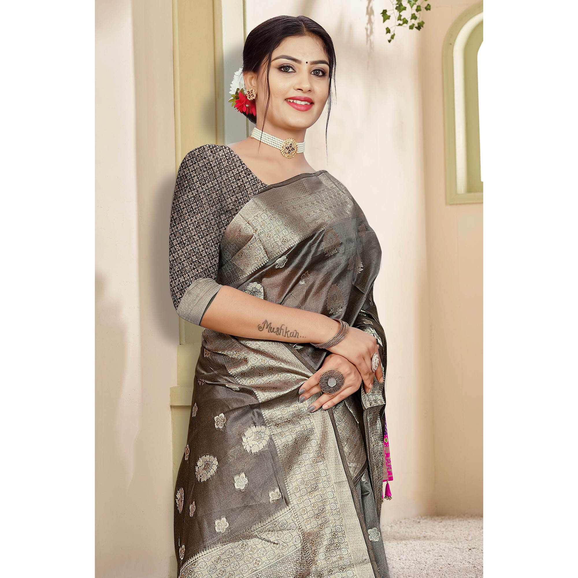 Grey Floral Woven Organza Saree