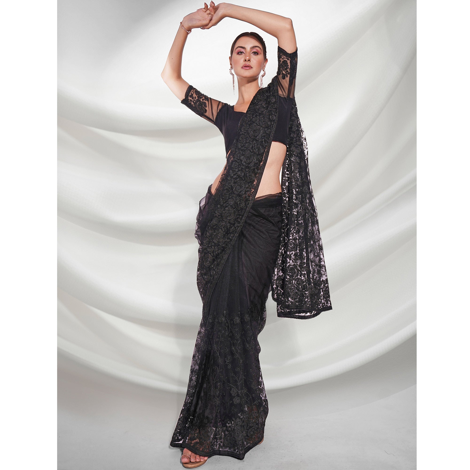 Black Floral Embroidered Net Saree