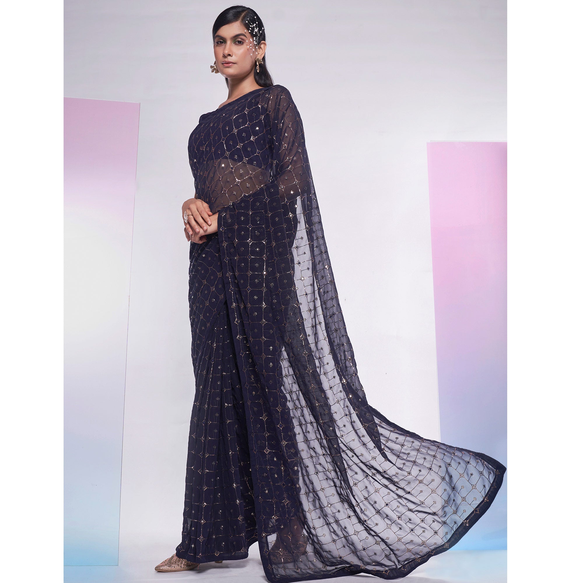 Navy Blue Sequins Embroidered Georgette Saree