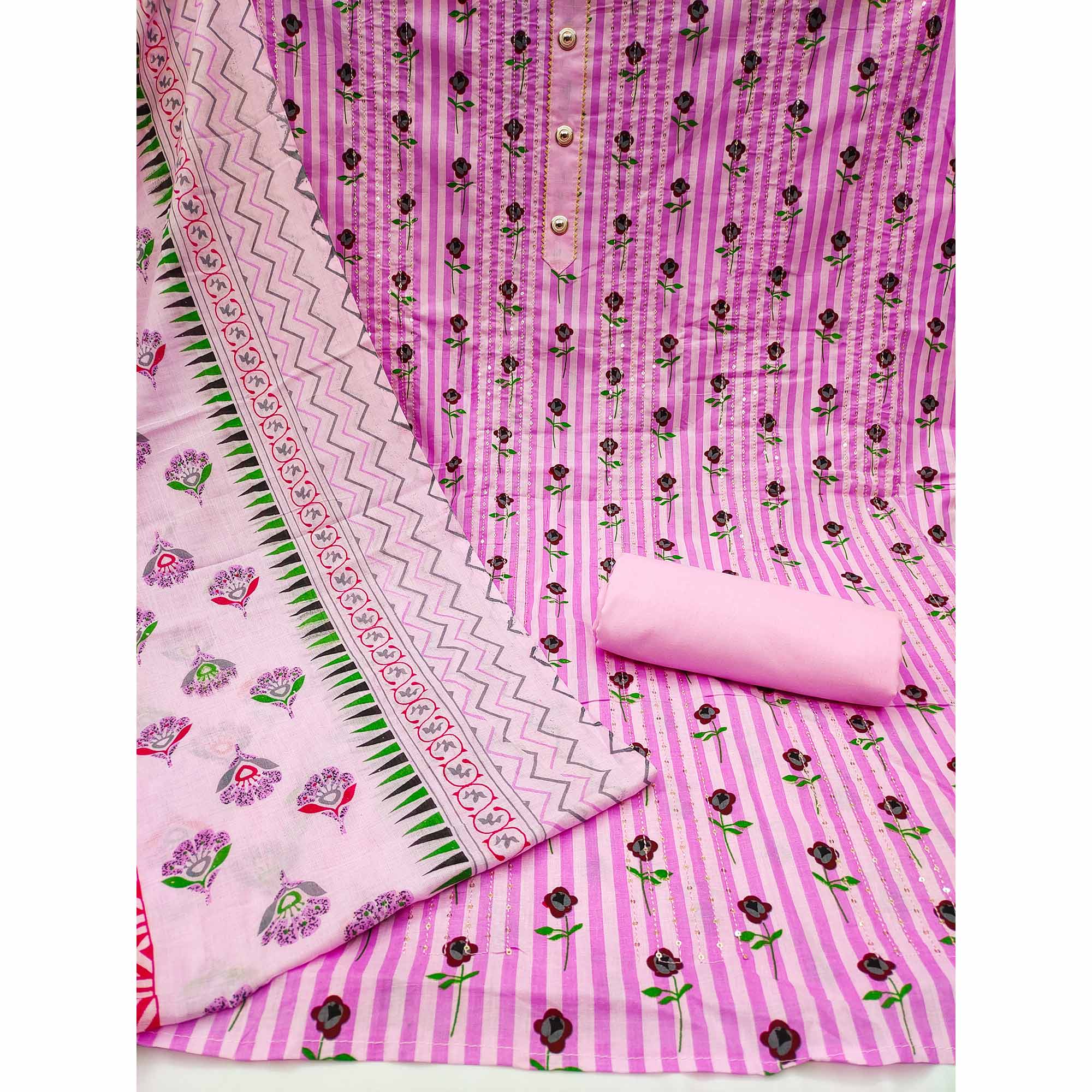 Pink Printed With Sequins Embroidered Pure Cotton Dress Material