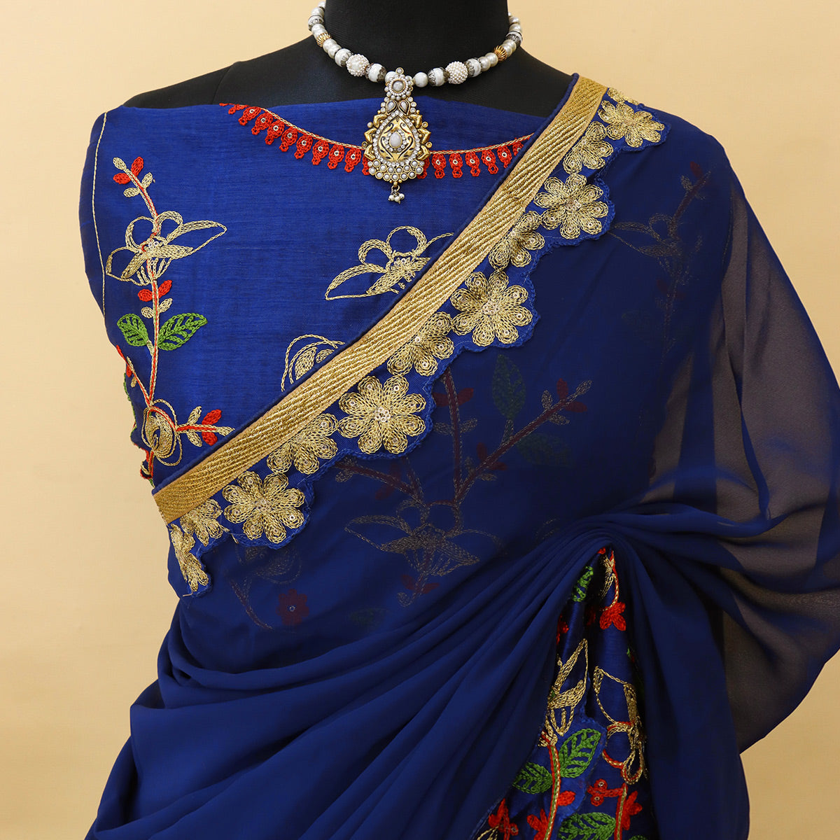 Navy Blue Embroidered Georgette Saree