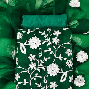 Green Floral Embroidered Organza Dress Material