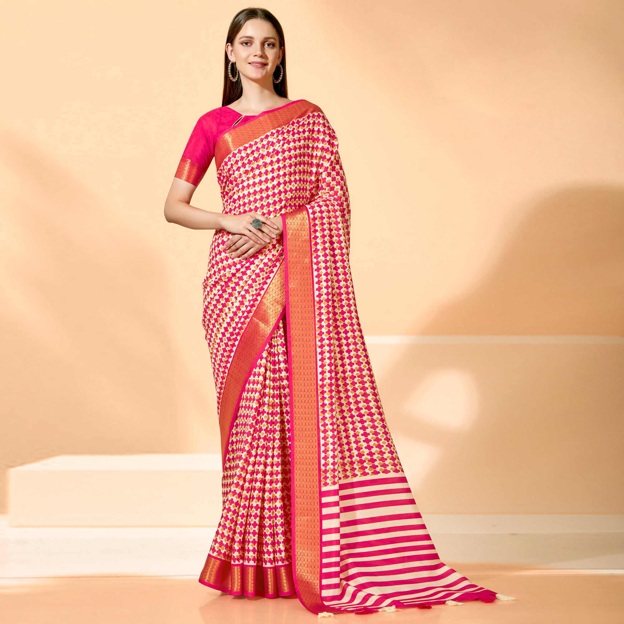 Pink Printed Dola Silk Saree With Tassels