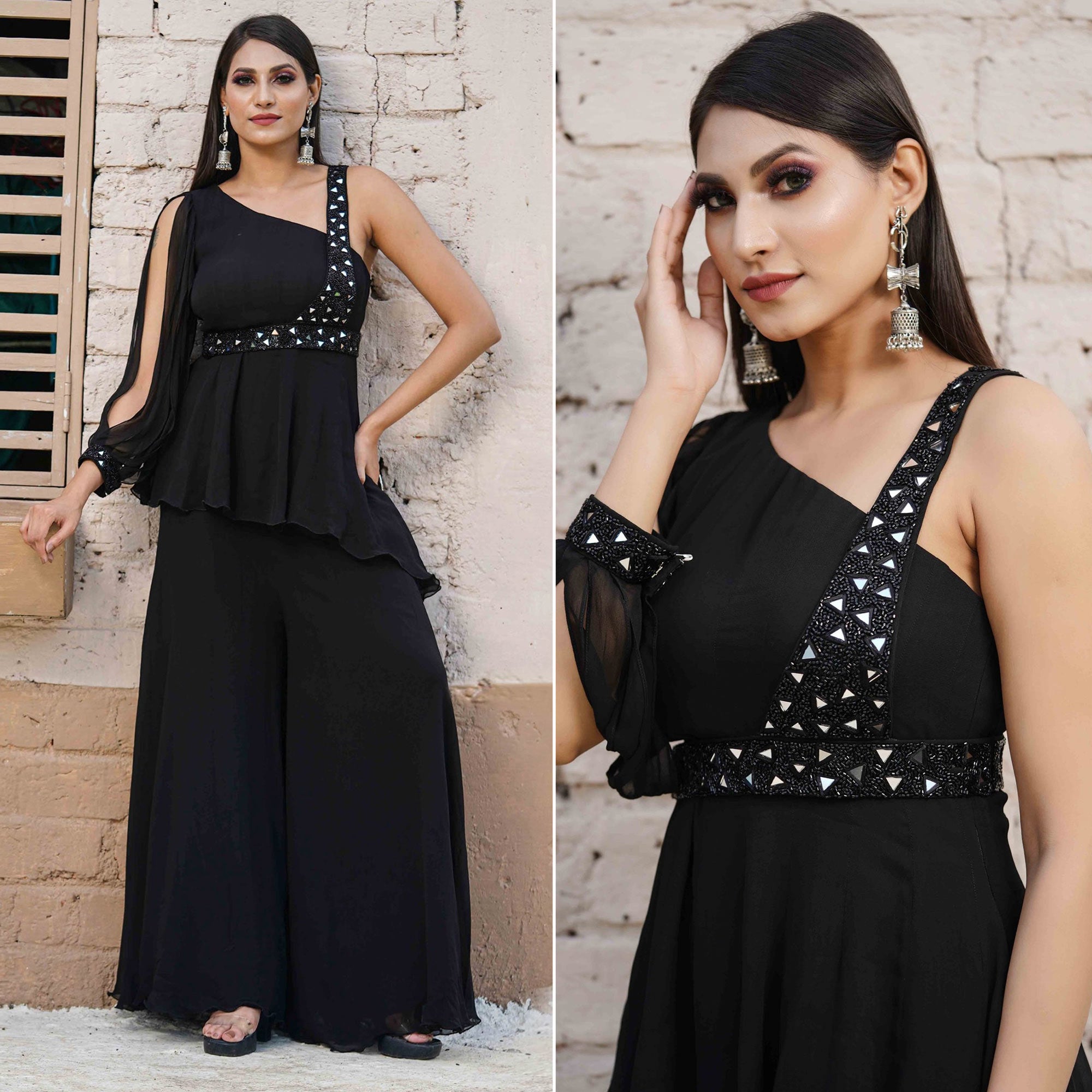 Black Embellished Handwork Georgette Palazzo Suit