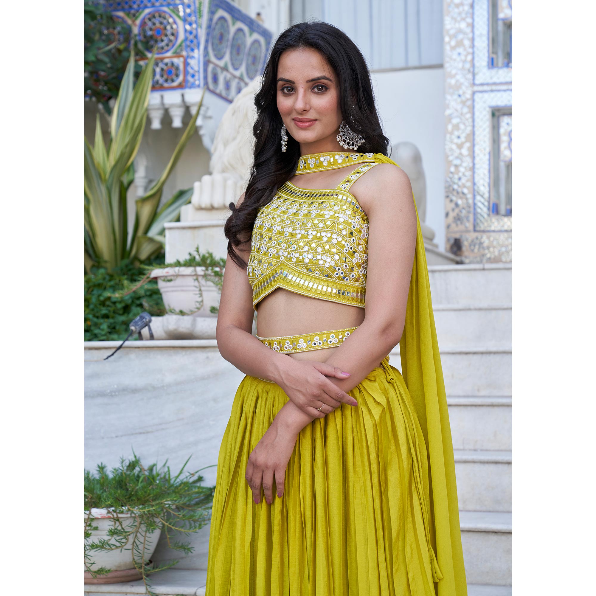 Lemon Green Embroidered Chiffon Plated Lehenga Choli