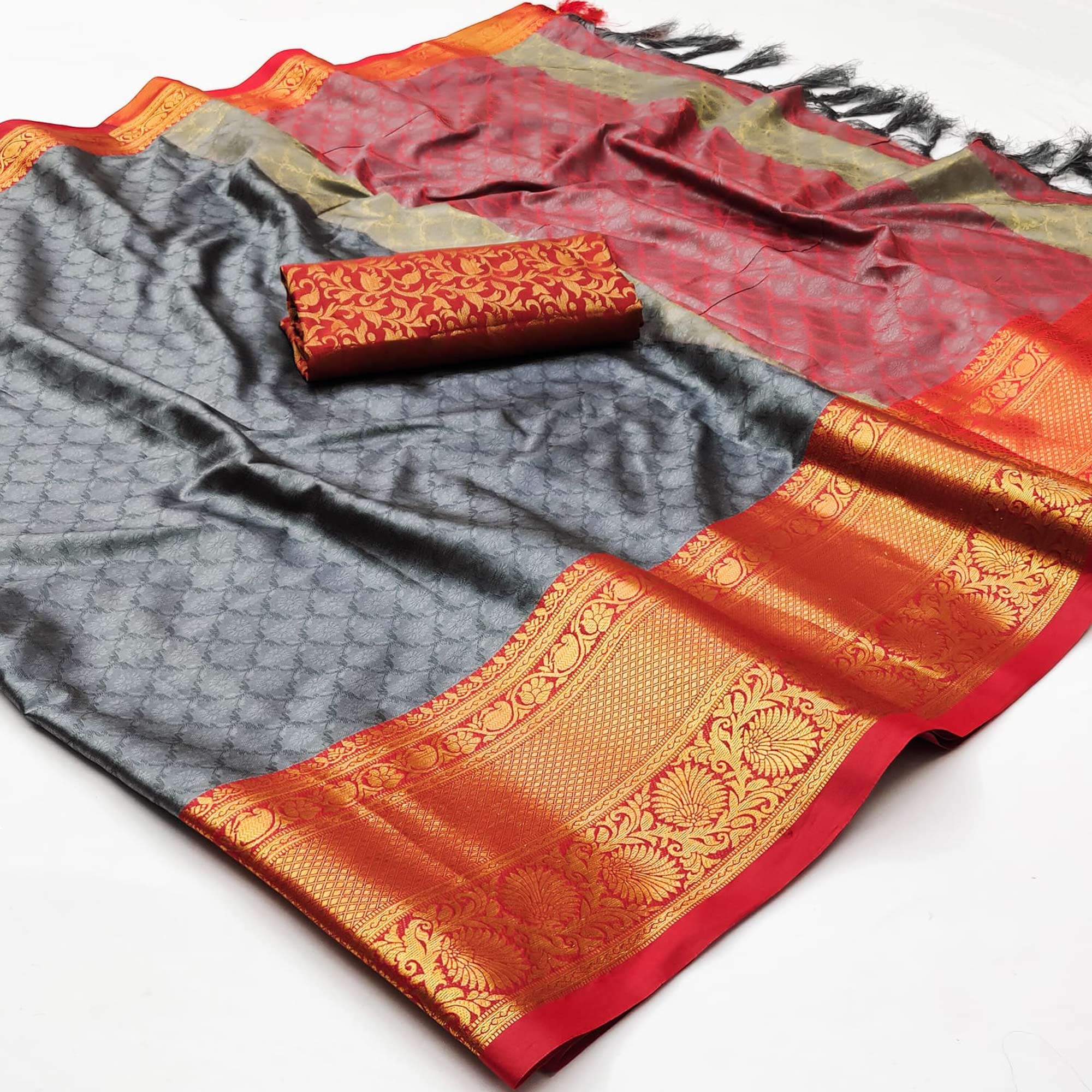 Grey Printed And Woven Cotton Silk Saree With Tassels