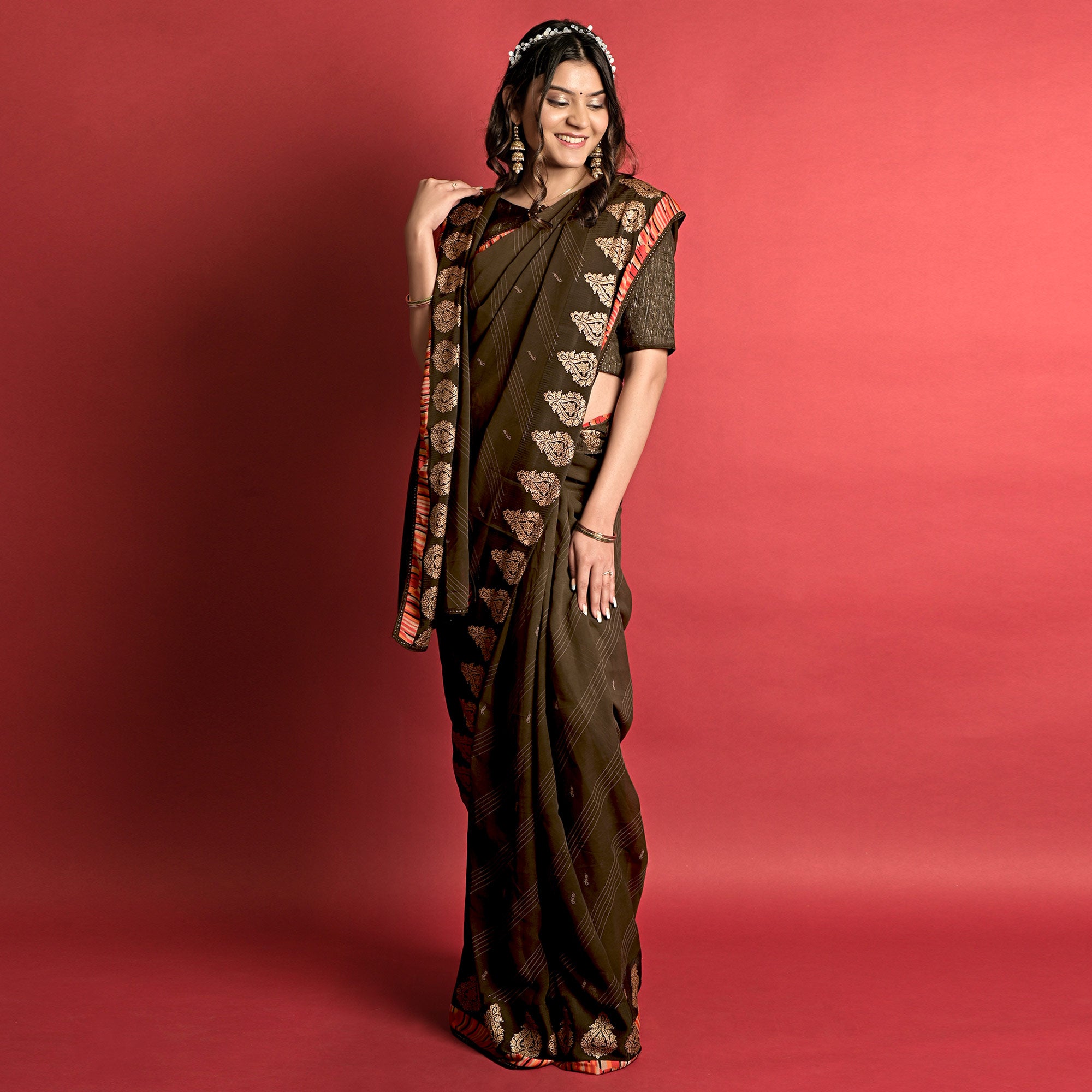 Olive Green Printed Georgette Saree